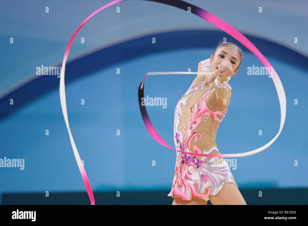 Kiev, Ukraine - August 29, 2013: Yeon Jae Son, Korea performs with ribbon during 32nd Rhythmic Gymnastics World Championships. The event is held in Pa Stock Photo