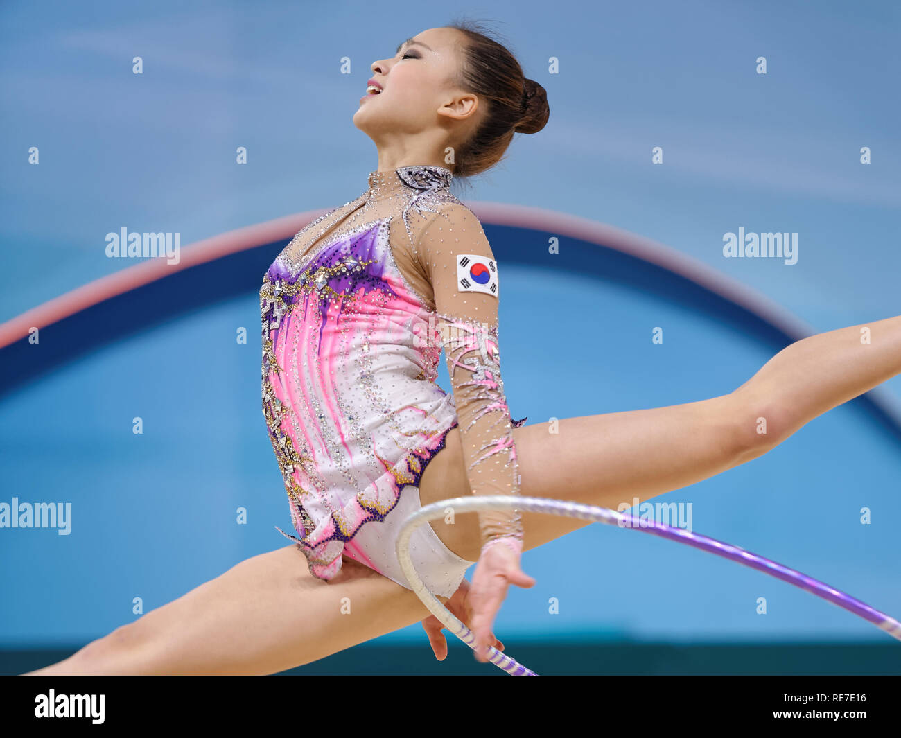 Kiev, Ukraine - August 28, 2013: Yeon Jae Son, Korea performs with hoop during 32nd Rhythmic Gymnastics World Championships. The event is held in Pala Stock Photo
