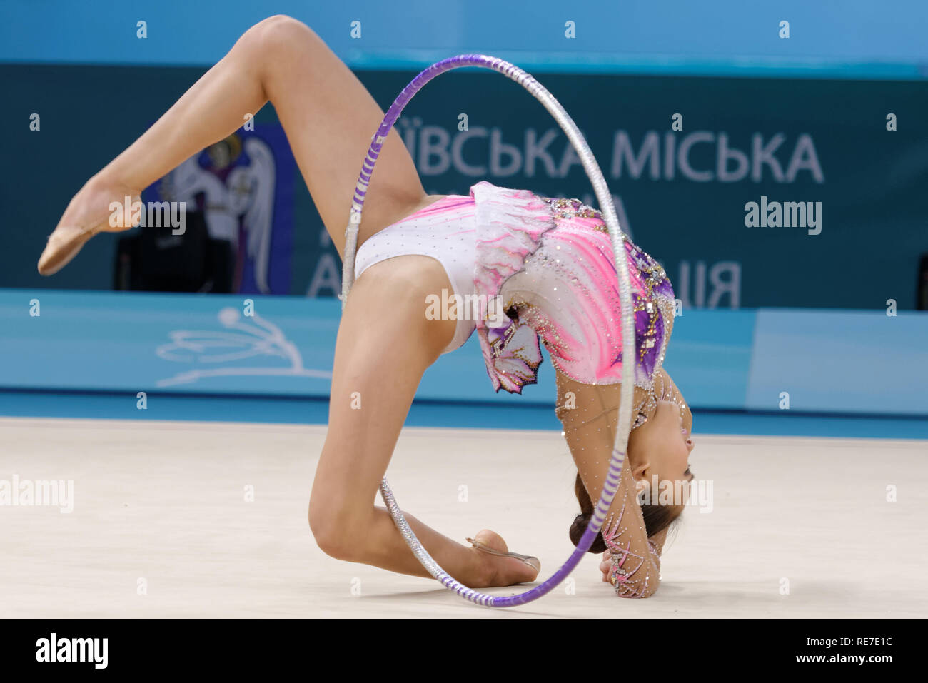 Kiev, Ukraine - August 28, 2013: Yeon Jae Son, Korea performs with hoop during 32nd Rhythmic Gymnastics World Championships. The event is held in Pala Stock Photo