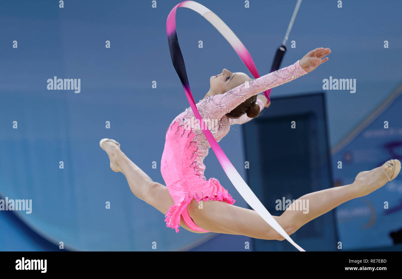 Kiev, Ukraine - August 30, 2013: Unidentified female gymnast performs