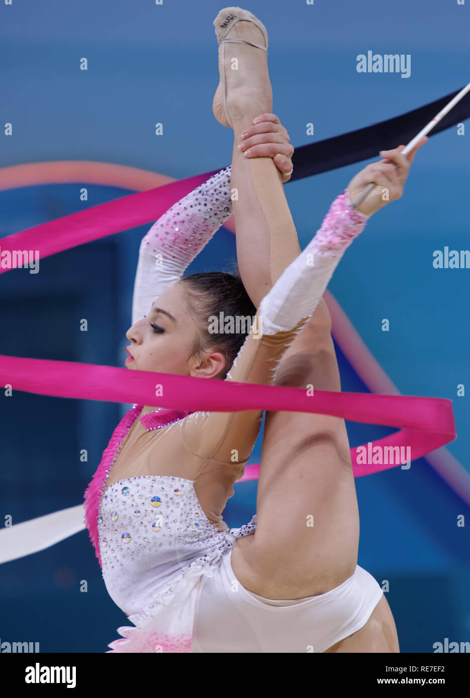 Kiev, Ukraine - August 30, 2013:  Lala Yusifova, Azerbaijan performs with ribbon during 32nd Rhythmic Gymnastics World Championships. The event is hel Stock Photo
