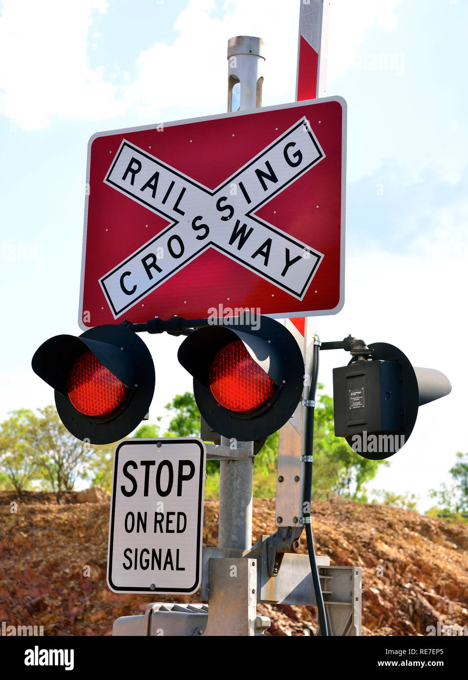 Red light at railway crossing Northern Territory, Australia Stock Photo