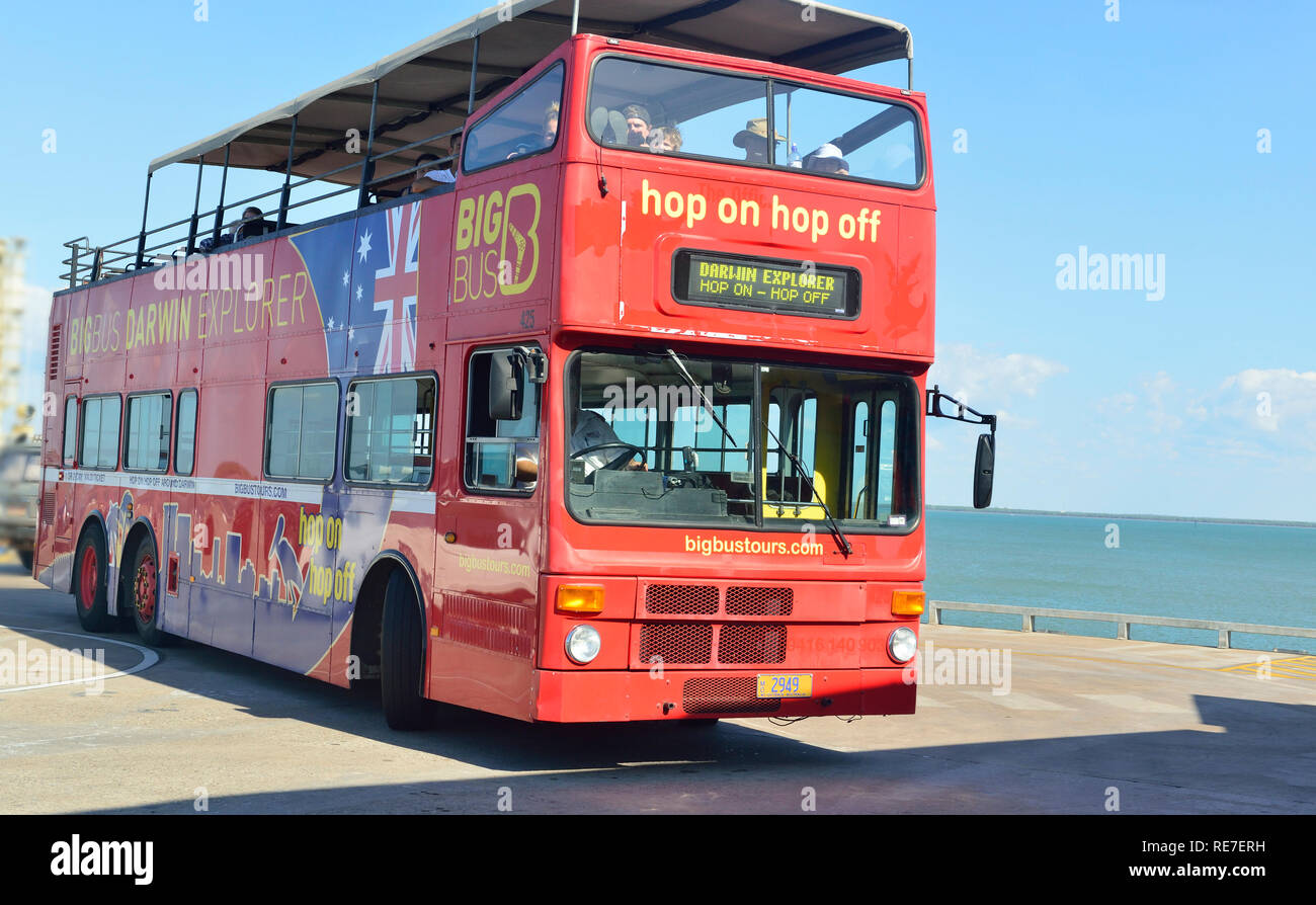 The red double decker Hop On Hop Off bus on tour in Darwin, Northern Territory, Australia Stock Photo
