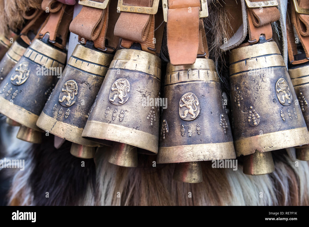 Folk Costumes of Kukeri in Bulgaria Stock Photo