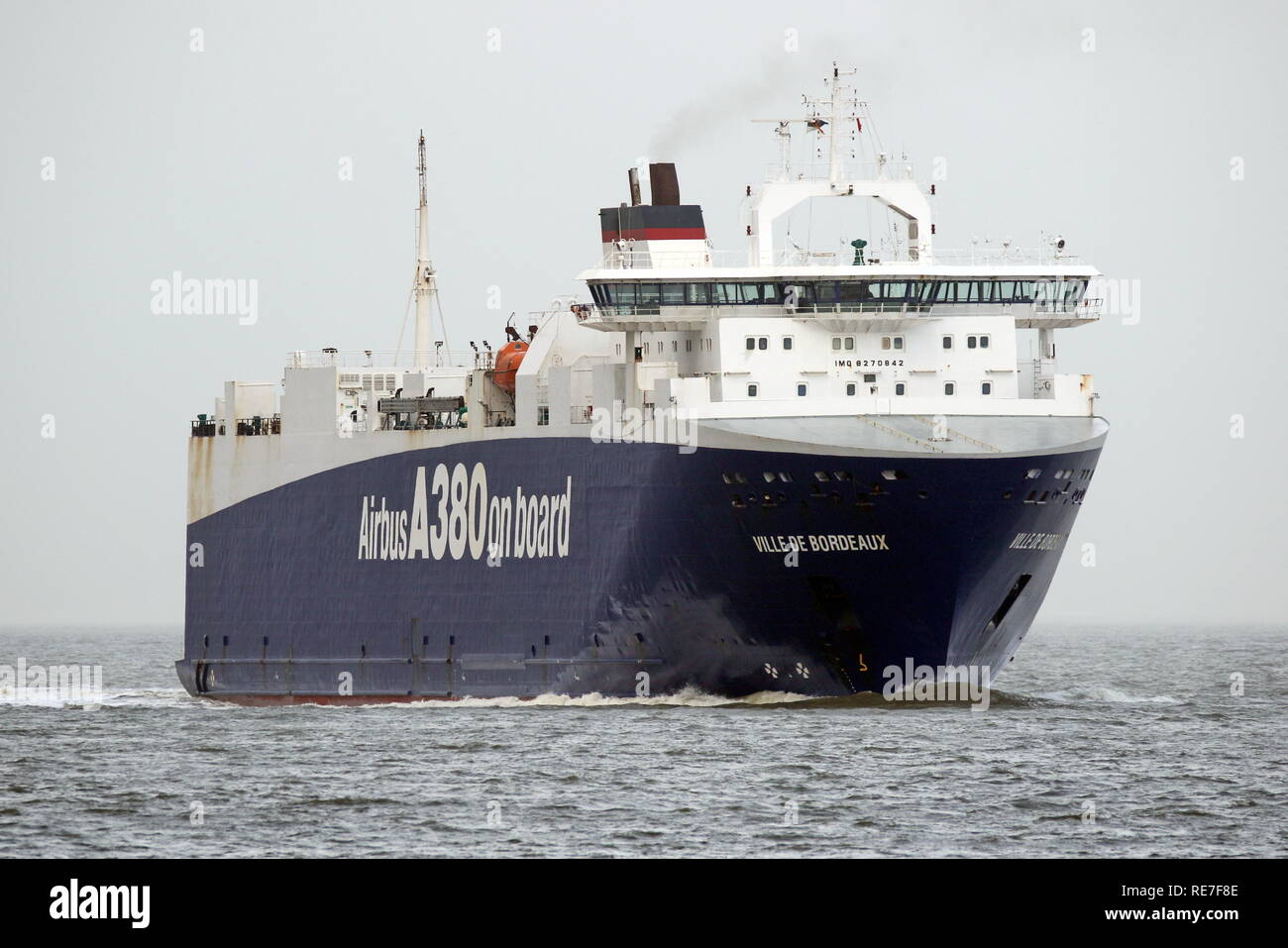 The Airbus Ro-Ro ship Ville de Bordeaux passes on December 30, 2018 Cuxhaven and continues towards Hamburg. Stock Photo