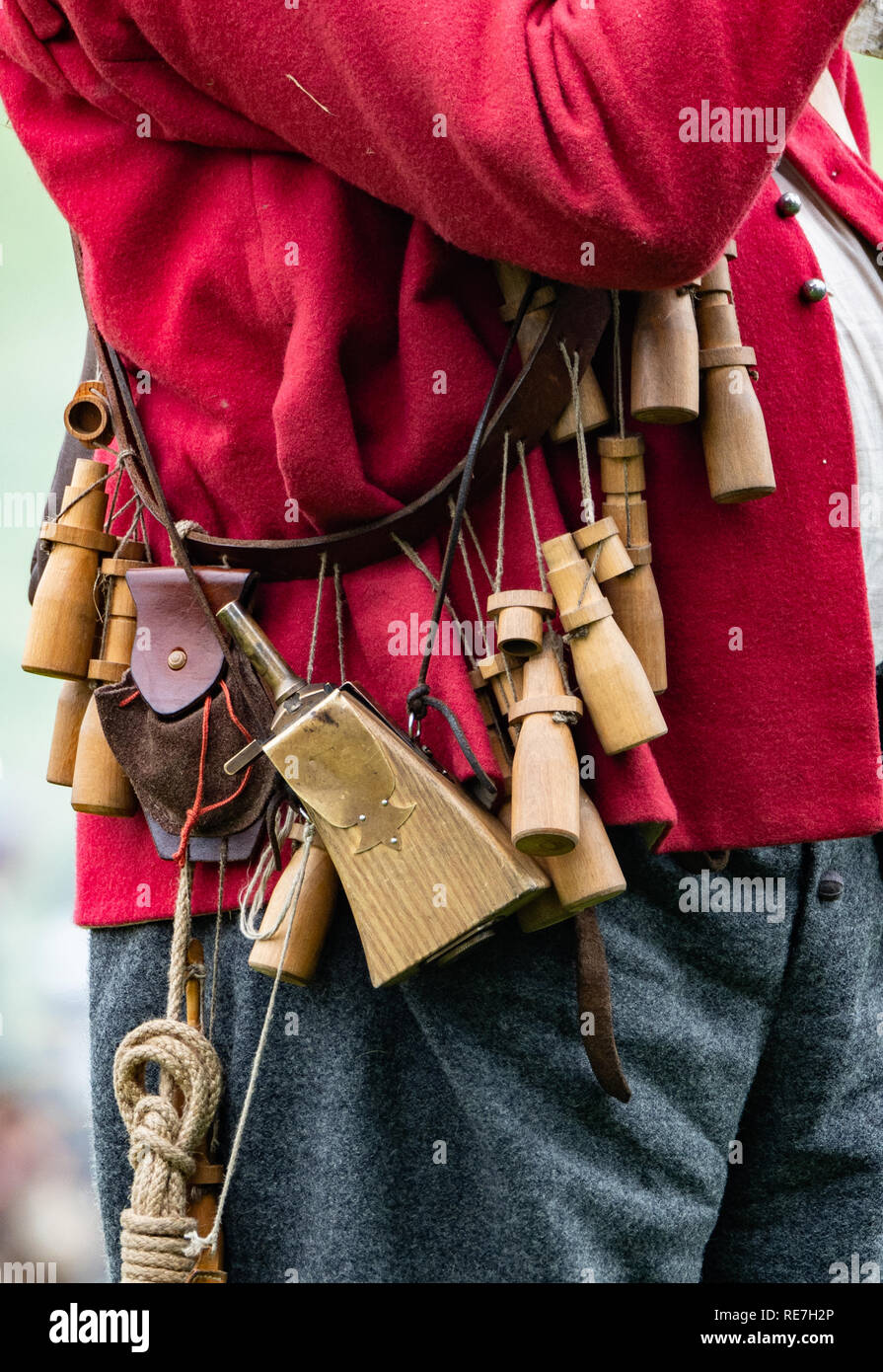 Flintlock rifleman's belt hung with the tools needed to fire his weapon English civil war re-enactment Bristol UK Stock Photo
