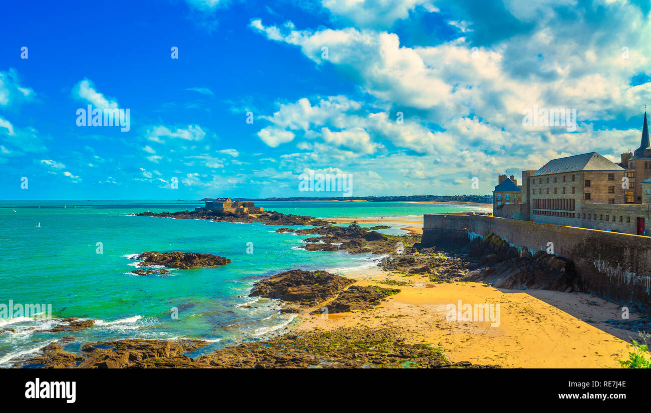 Saint Malo sand beach, city walls and Fort National. Low tide. Brittany, France, Europe. Stock Photo