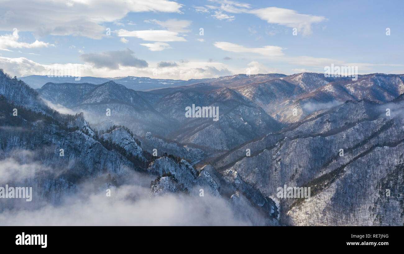 Aerial landscape Lago-Naki - plateau in the Western Caucasus in morning light. Stock Photo