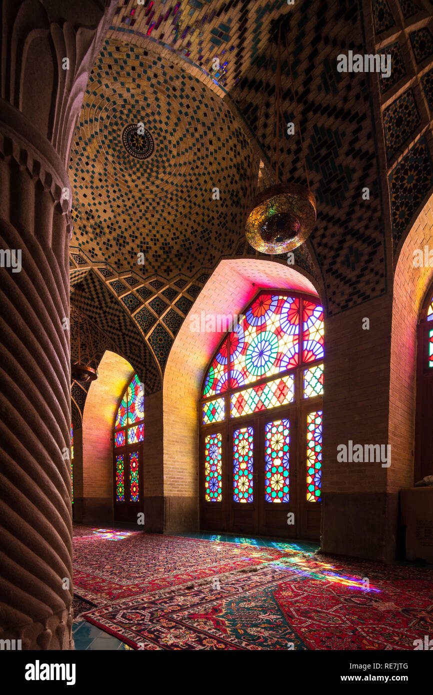 Iran. Shiraz. Nasir alMulk Mosque, The colorful stained glass windows