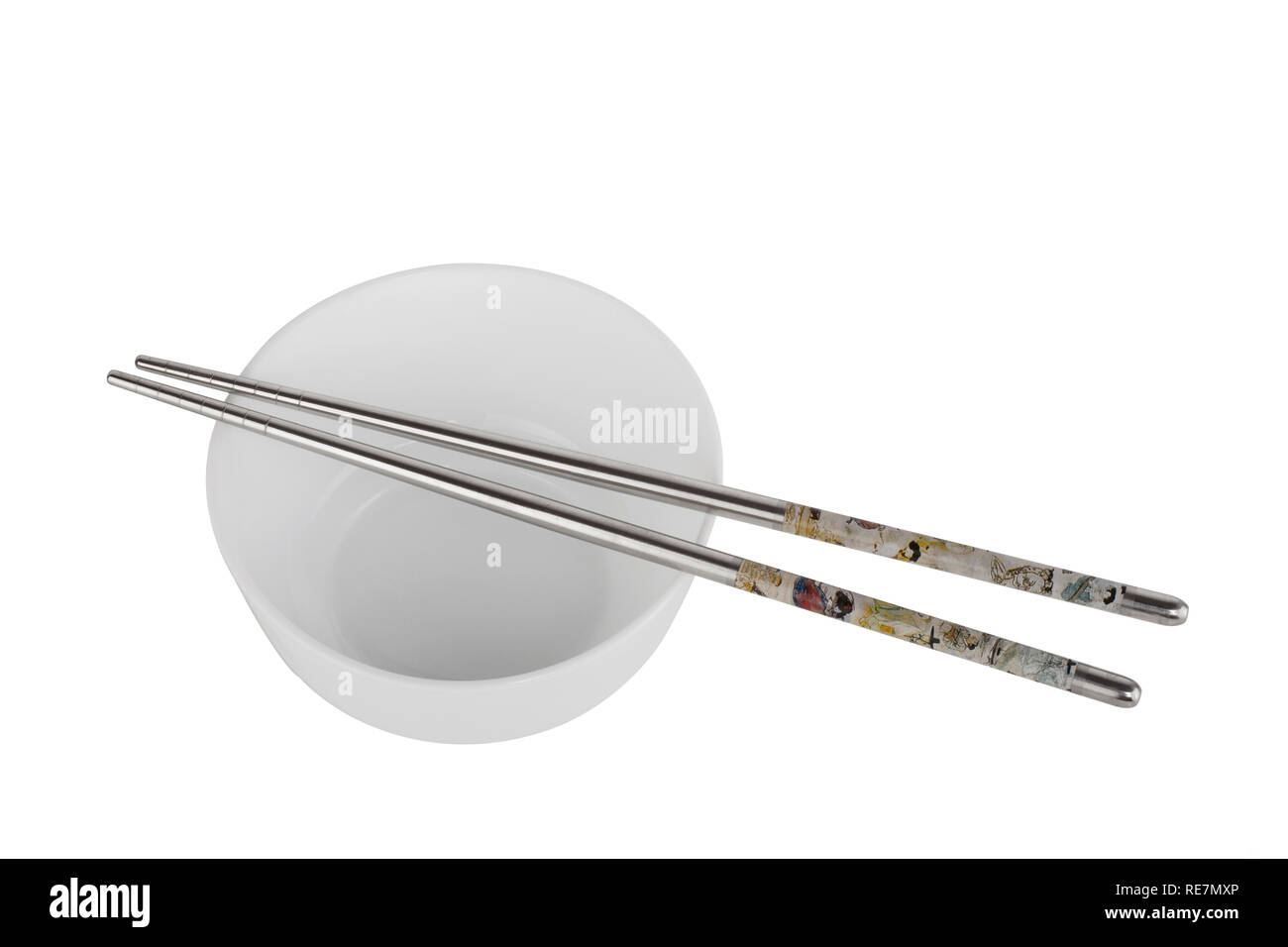 White bowl with chopsticks isolated on white background Stock Photo
