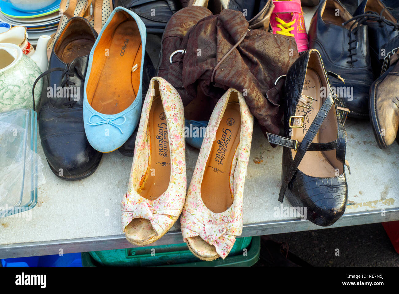 Second hand shoes fo sale in Deptford flea market - South East  London, England Stock Photo