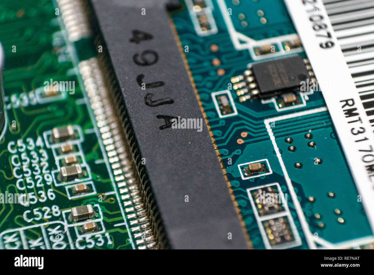 Computer Circuit Board/Motherboard. Resistors with CPU and heat sinks. Concept of data, hard drive. Technology Background Stock Photo