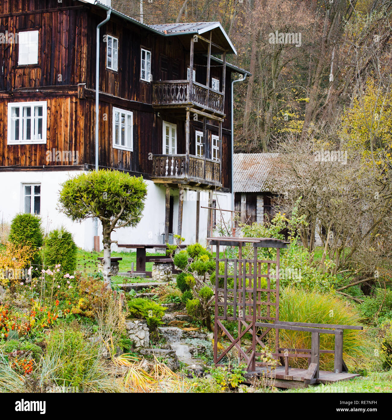 Beautiful House Or Cottage In The Hill Autumn Time Garden In Autumn Colors In A Mountain Landscape Stock Photo Alamy