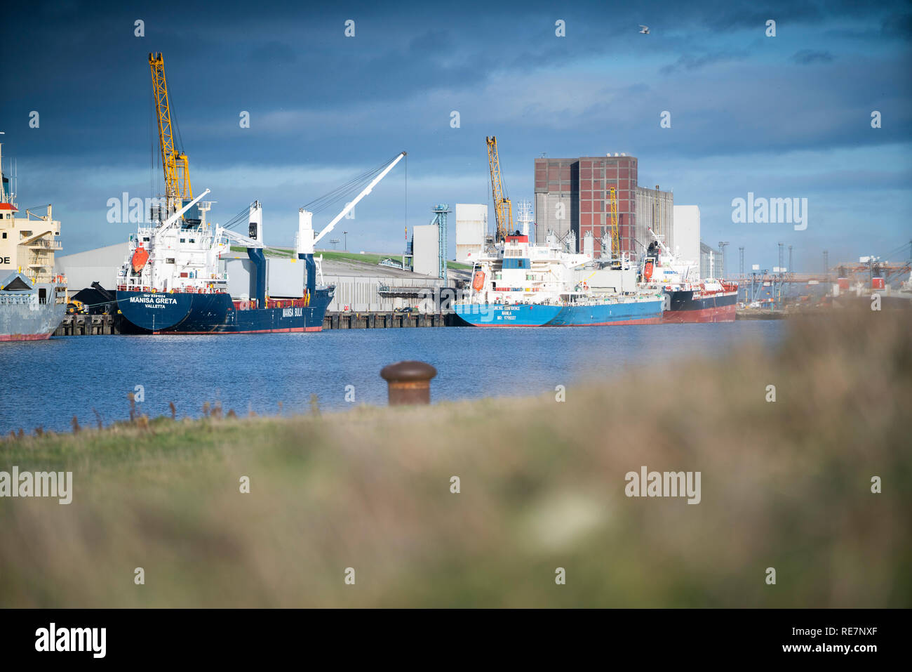 Large ships moored up in Belfast Habour, Belfast, UK Stock Photo