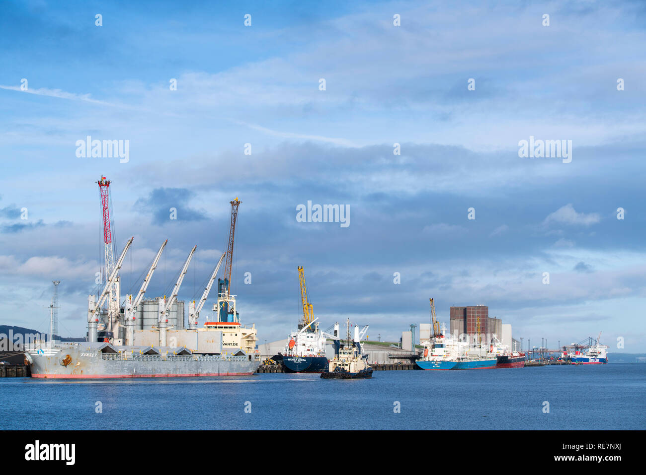 Large ships moored up in Belfast Habour, Belfast, UK Stock Photo