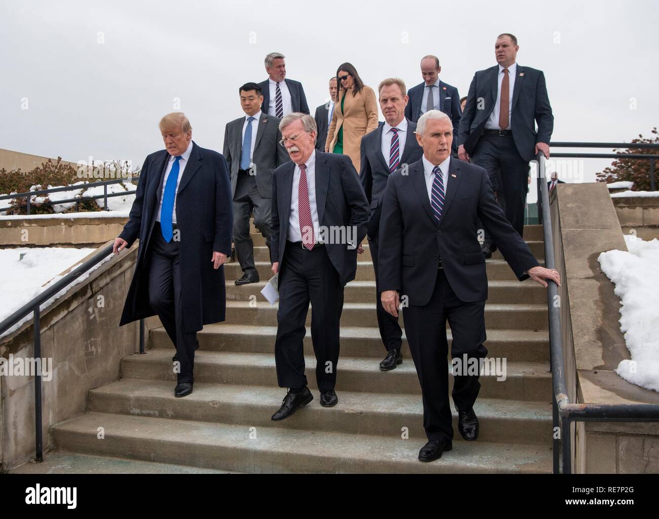 U.S. President Donald Trump, left, Vice President Mike Pence, right, National Security advisor John Bolton, center, and Acting Secretary of Defense Patrick Shanahan arrive at the Pentagon January 17, 2019 in Washington, DC. Stock Photo