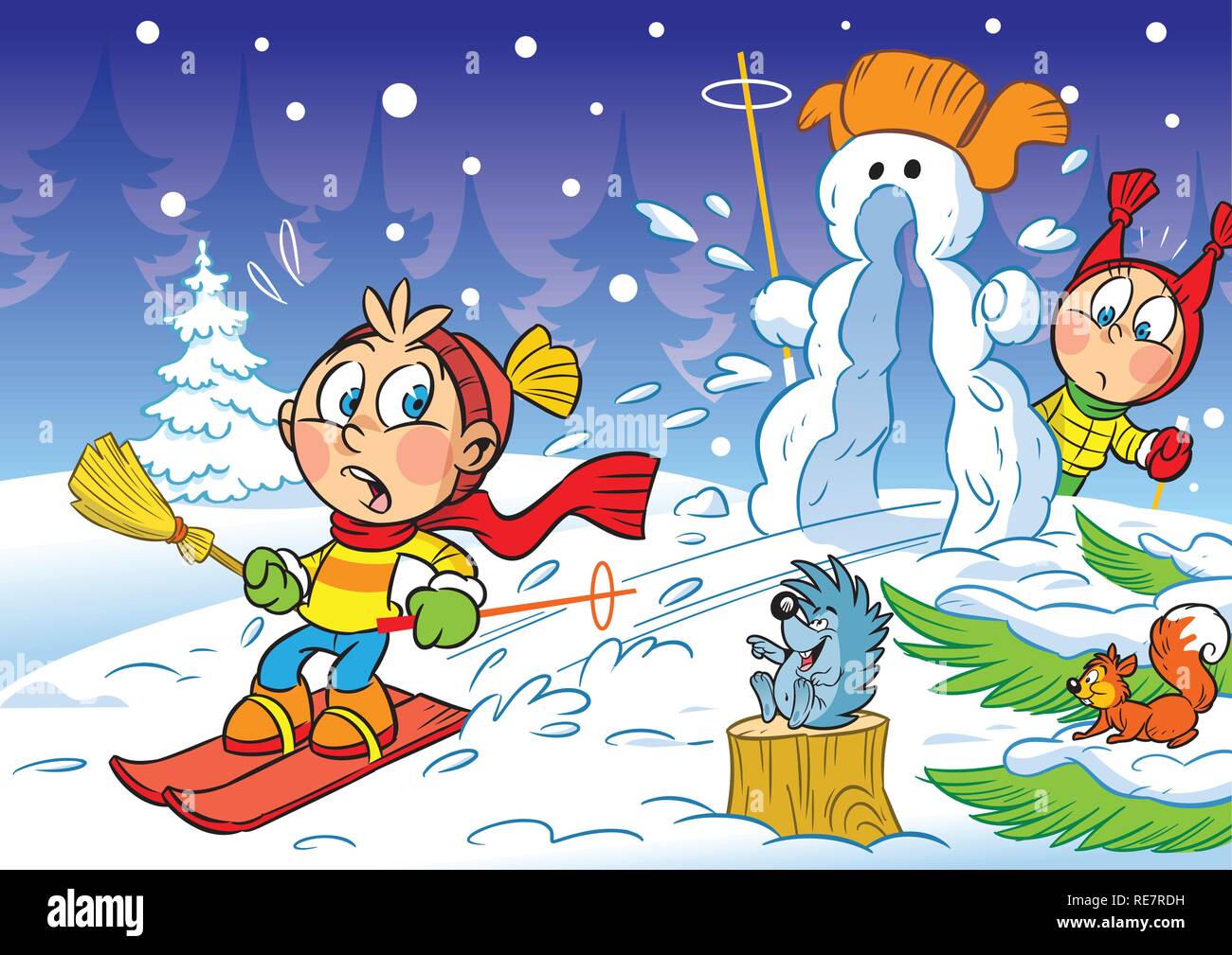 The illustration shows children skiing down the hills in the winter and snowman. Illustration done in cartoon style. Stock Vector