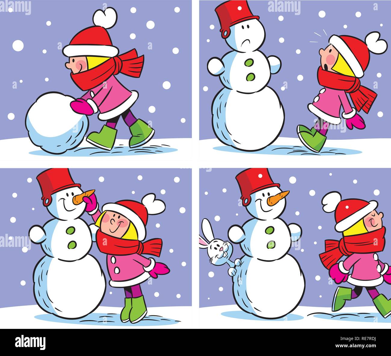 The illustration shows a few steps of a girl who makes a snowman in the winter. Illustration done on separate layers, in the style of comics. Stock Vector