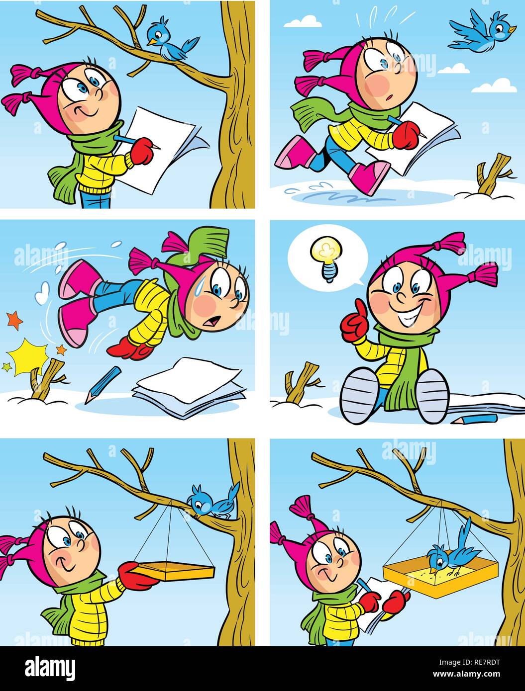 Download The Illustration Shows A Girl Who Draws A Bird She Hung A Bird Feeder For The Bird The Form Of Comics Cartoon Style On Separate Layers Stock Vector Image Art