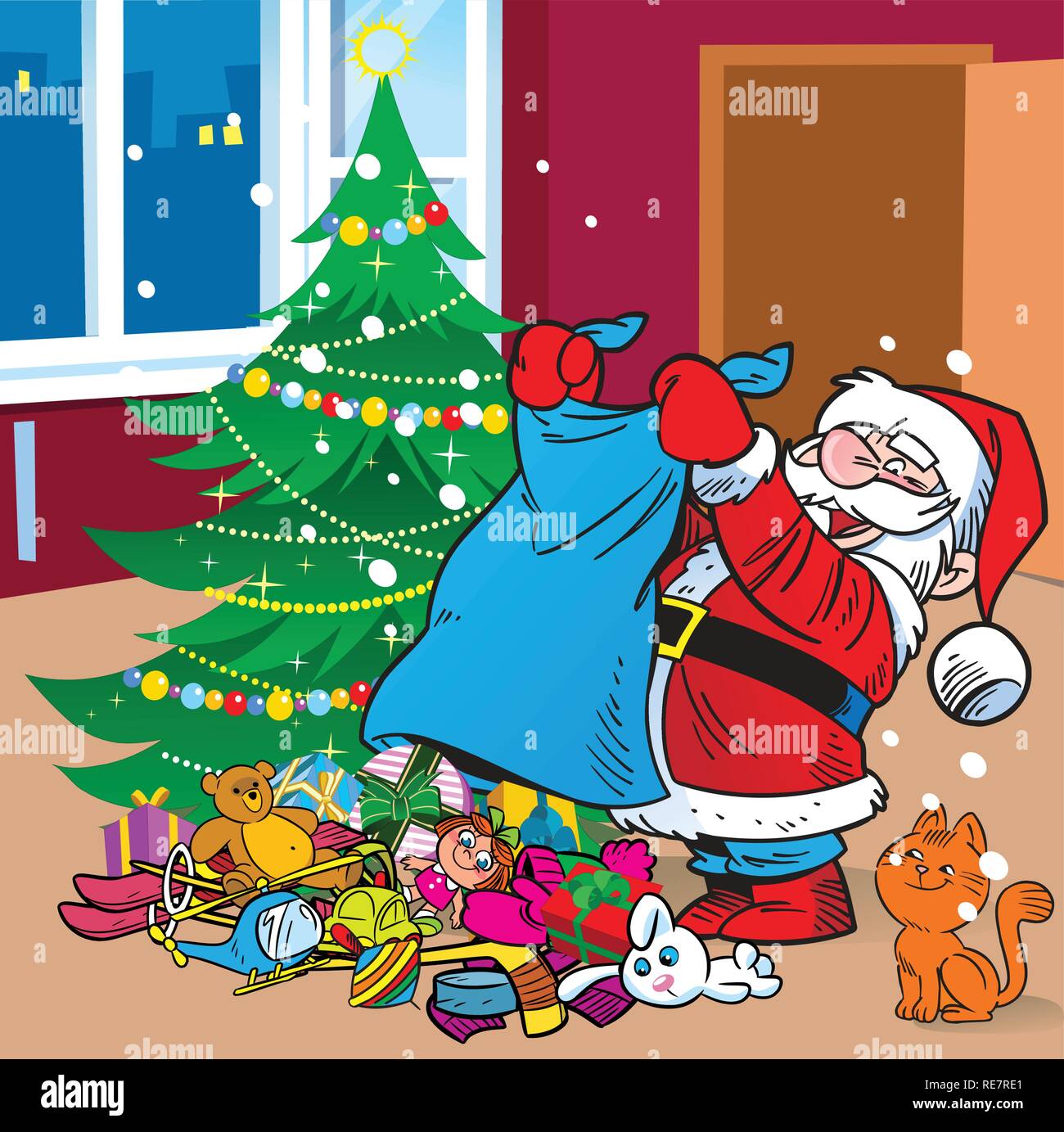 The illustration depicts Santa Claus, who brought the bag with gifts under the Christmas tree.Illustration done on separate layers. Stock Vector