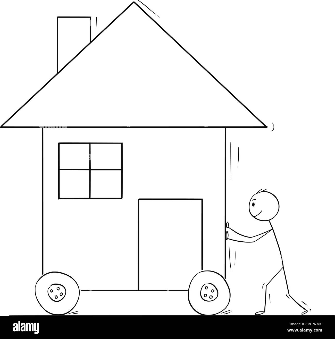 Cartoon of Man Pushing or Moving Family House on Wheels Stock Vector