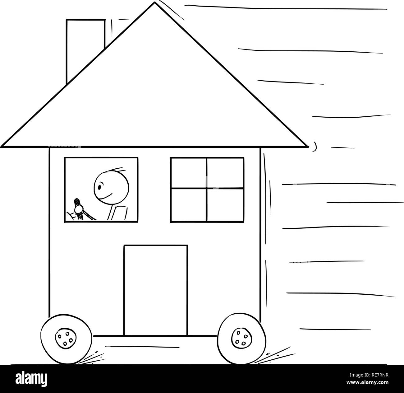 Cartoon of Man Driving and Moving Family House on Wheels as car Stock Vector