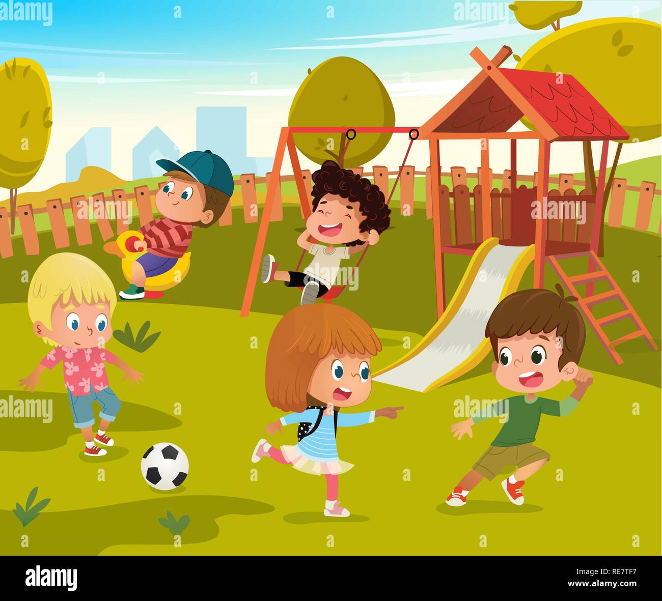 Baby Playground Summer Park Vector Illustration. Children Play Football and  Swing Outdoor in School Yard Kindergarten. Little Child Game in Nature. Boy  and Girl Cartoon Character Activity Concept Stock Vector Image &