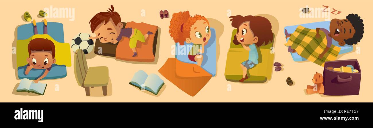 Elementary Class Bedtime Character Illustration. Kindergarten Multiracial Children Nap Time, Girl Friend Gossip. African Little Boy Character Sleep in Bed. Kindergarten Baby Read in Pajama Stock Vector