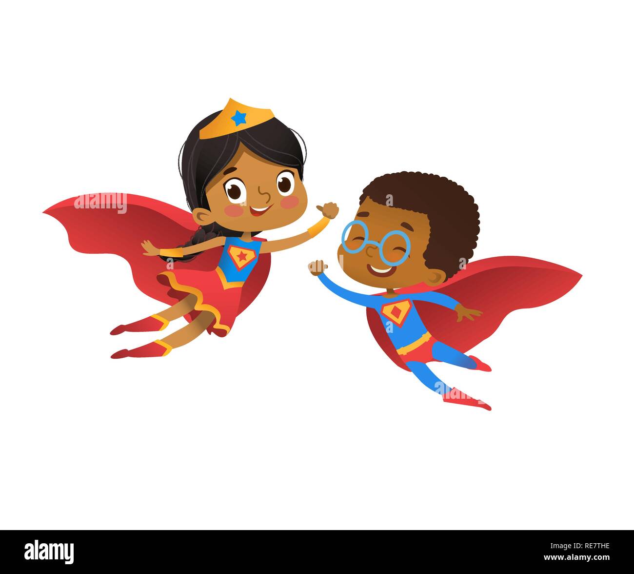 Superhero African Friend Character Couple Vector. Happy Boy and Girl wear Funny Costume for Kindergarten Carnival Party. Cheerful Baby Play in Cape Isolated Flat Cartoon Illustration Stock Vector