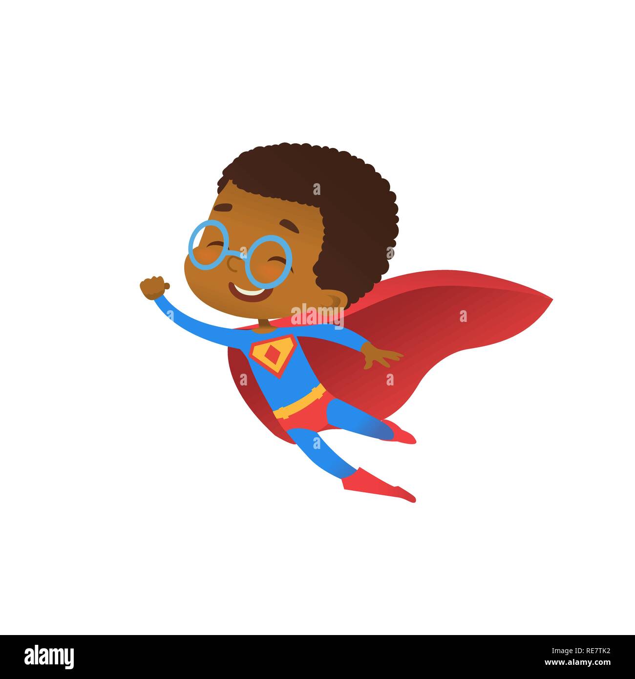 Superhero African Cute Kid Fly Costume Flat Vector. Happy Smile Little Brave Boy Wear Red Cape. Cool Strong Defender Superman Symbol Character Isolated Comic Party Cartoon Illustration Stock Vector