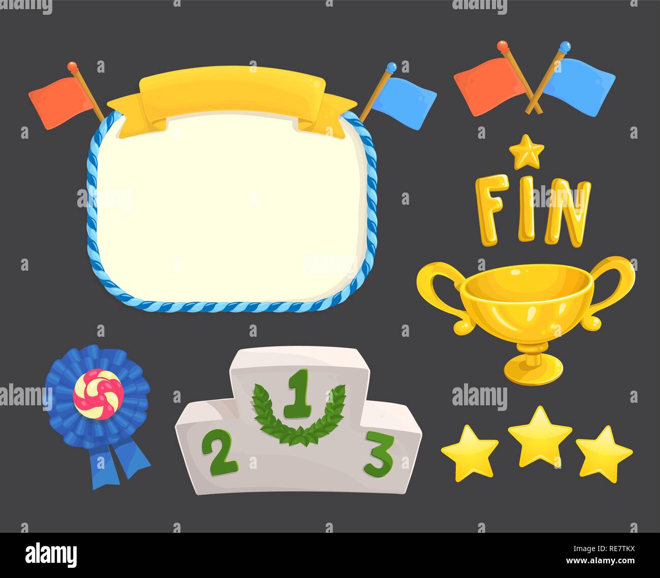 Game rating icons with stars game element, flags, awards, gold cup, inscriptions for game ending and fin, level results icon Stock Vector