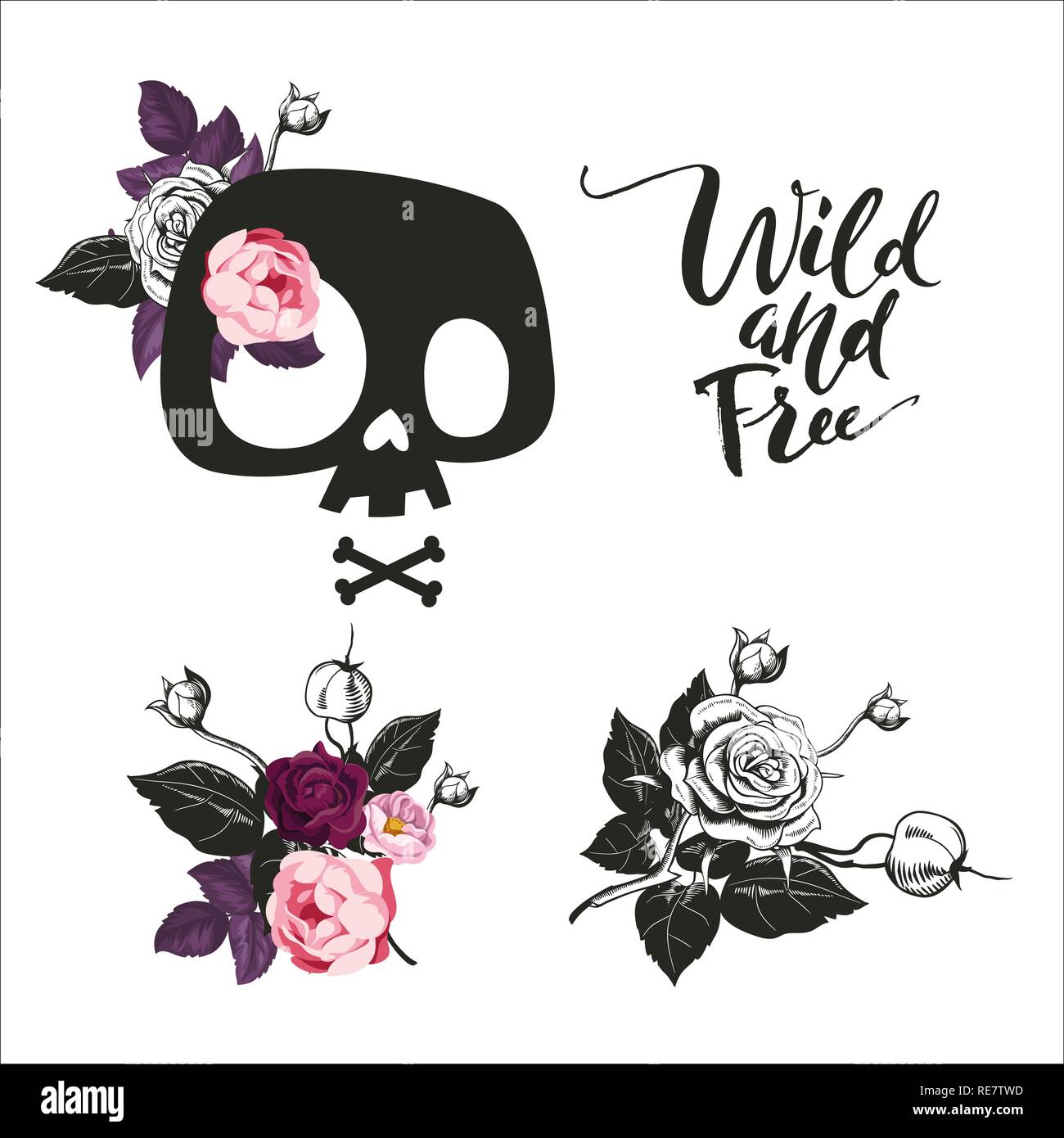 Set of Cute Cartoon Skull decorated with rose flowers, bouquets, skull sign, Wild and Free Lettering, Can be used as print art, t-shirt print, design. Vector illustration. Isolated. Stock Vector