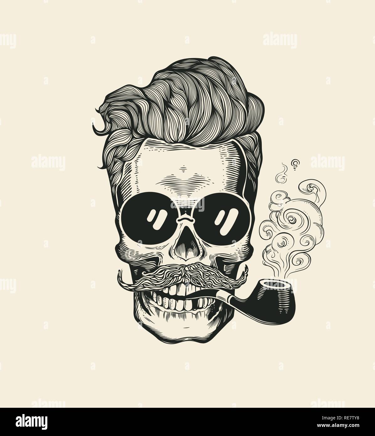 Hipster Skull Smoke Pipe Vector Illustration Print. Cool Mustache Skeleton Face in Sunglasses. Urban Modern Hair T-Shirt Print Monochrome Sailor Head Black Death Silhouette Stock Vector