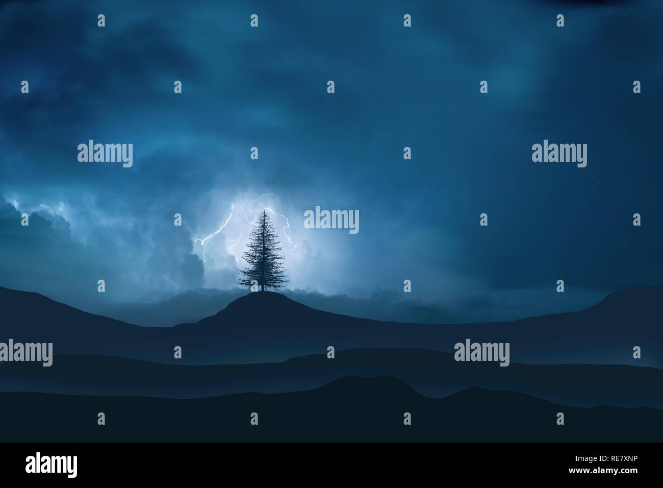 Lonely tree on a background of mountains with lightning. Stock Photo