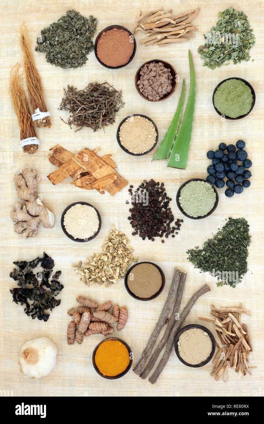 Adaptogen food selection with herbs, spices, fruit & supplement powders. Used in herbal medicine to help the body resist the damaging effect of stress. Stock Photo