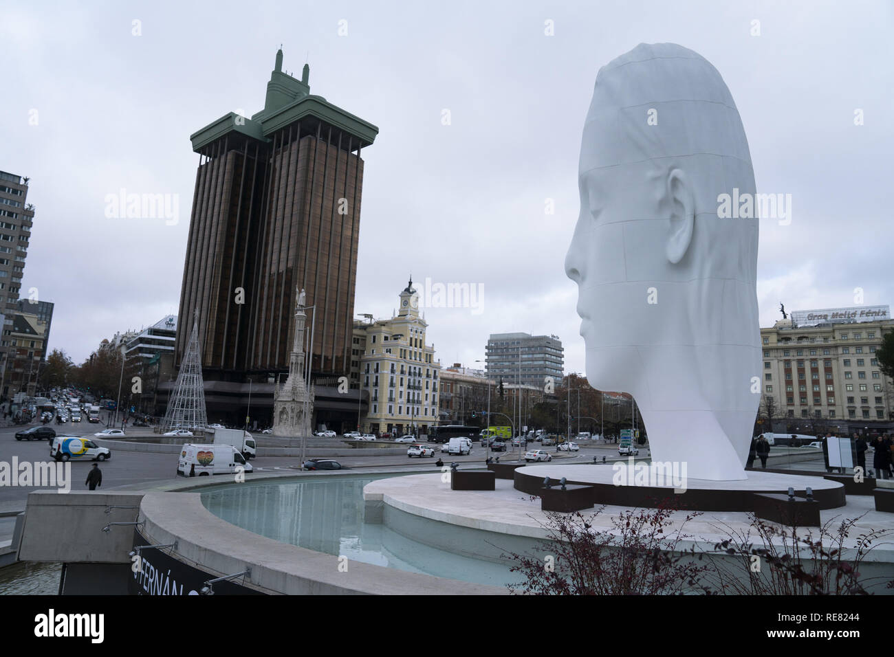 Sculpture titled 'Julia', measuring 12-metres high, by Catalan-born Jaume Plensa in the Plaza de Colon in Madrid, Spain. The sculpture will be exhibited from December 20 for a year on the old pedestal where the statue of Columbus previously stood.  Featuring: Atmosphere Where: Madrid, Community of Madrid, Spain When: 20 Dec 2018 Credit: Oscar Gonzalez/WENN.com Stock Photo