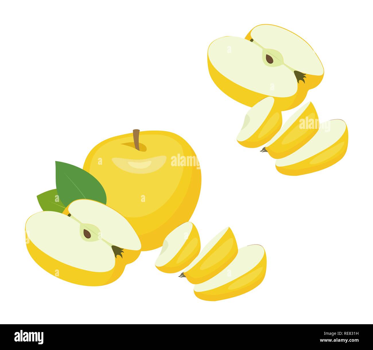 Apples with half apple and slices. Vector illustration isolated on white background. Stock Vector