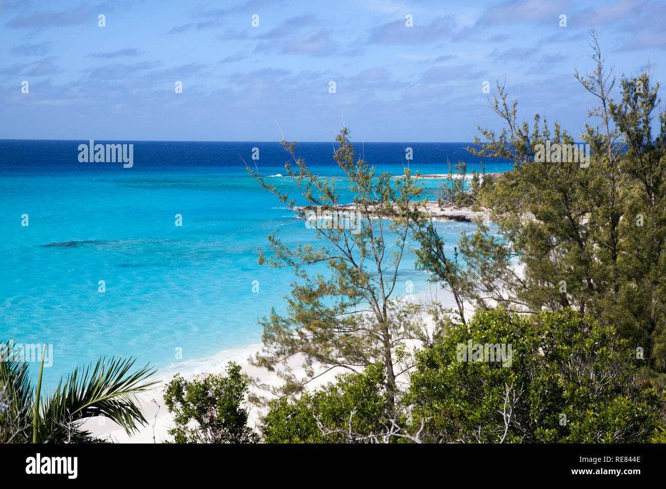 The aerial beach view of uninhabited island Half Moon Cay (Bahamas). Stock Photo