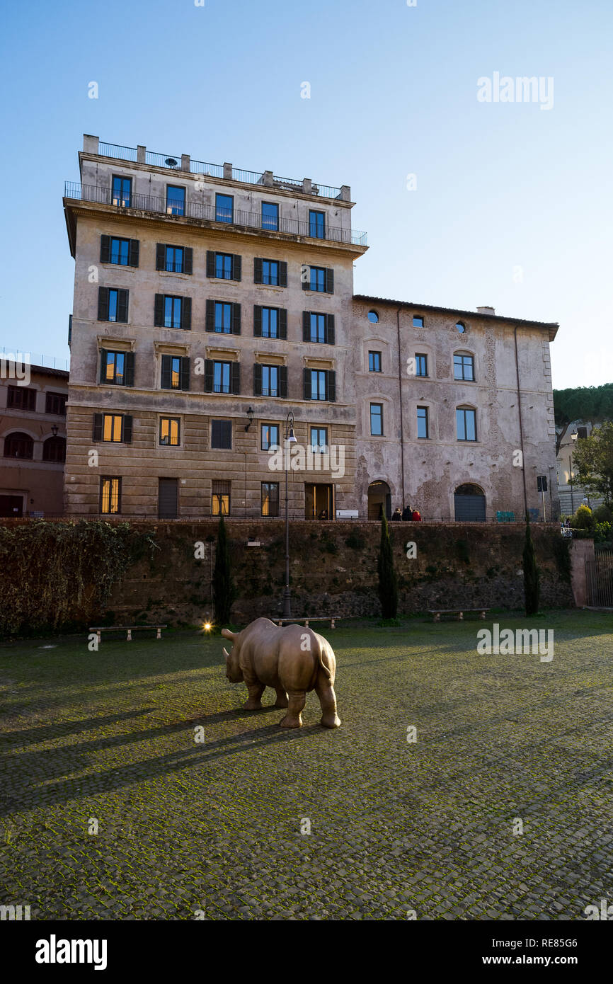 Rome, Italy, 12/29/2018: Rhinoceros Palace of the Alda Fendi Foundation in  the background, life-sized resin rhino in close up Stock Photo - Alamy