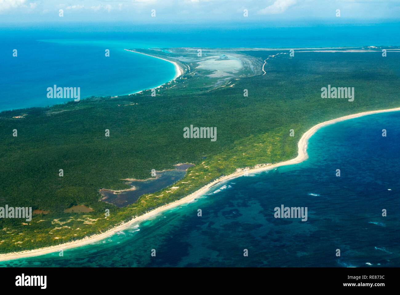 Aircraft flying over the island of Cat Island. The Cat island seen from a small plane flighting