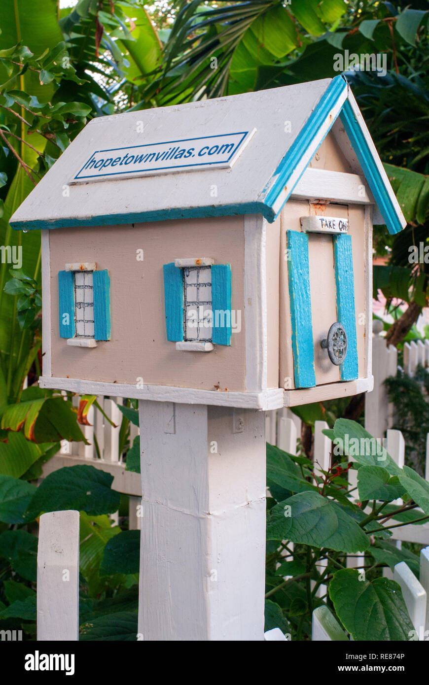 Mailbox of a Typical loyalist house, Hope Town, Elbow Cay, Abacos. Bahamas Stock Photo