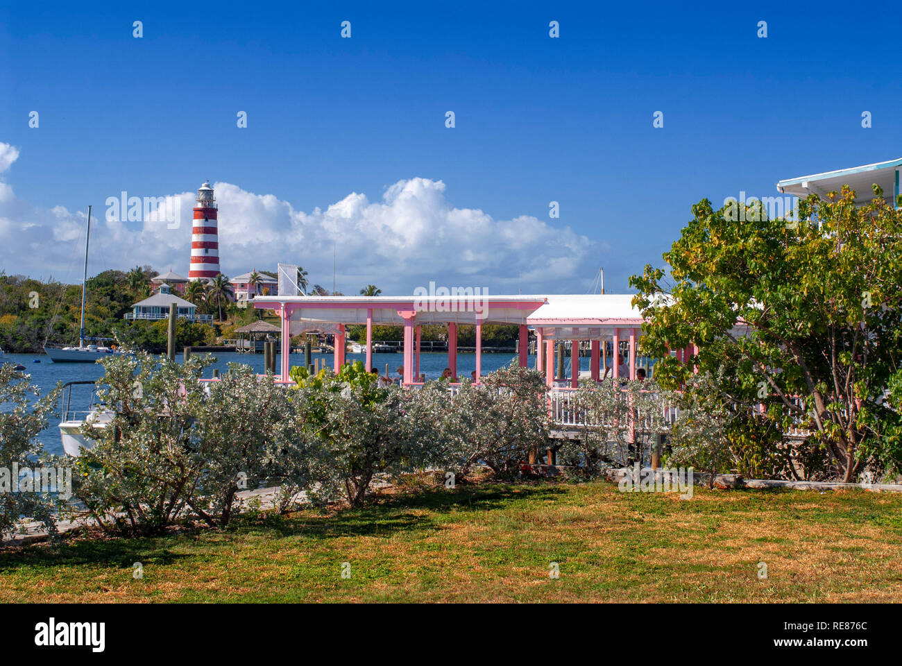 Hope Town lighthouse, Elbow Cay, Abacos. Bahamas. Lighthouse and harbor