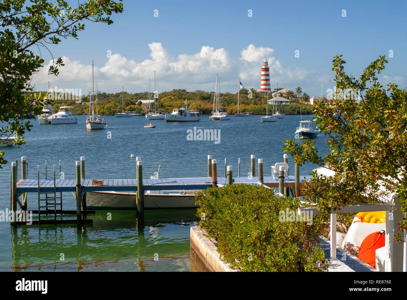 Hope Town lighthouse, Elbow Cay, Abacos. Bahamas. Lighthouse and harbor