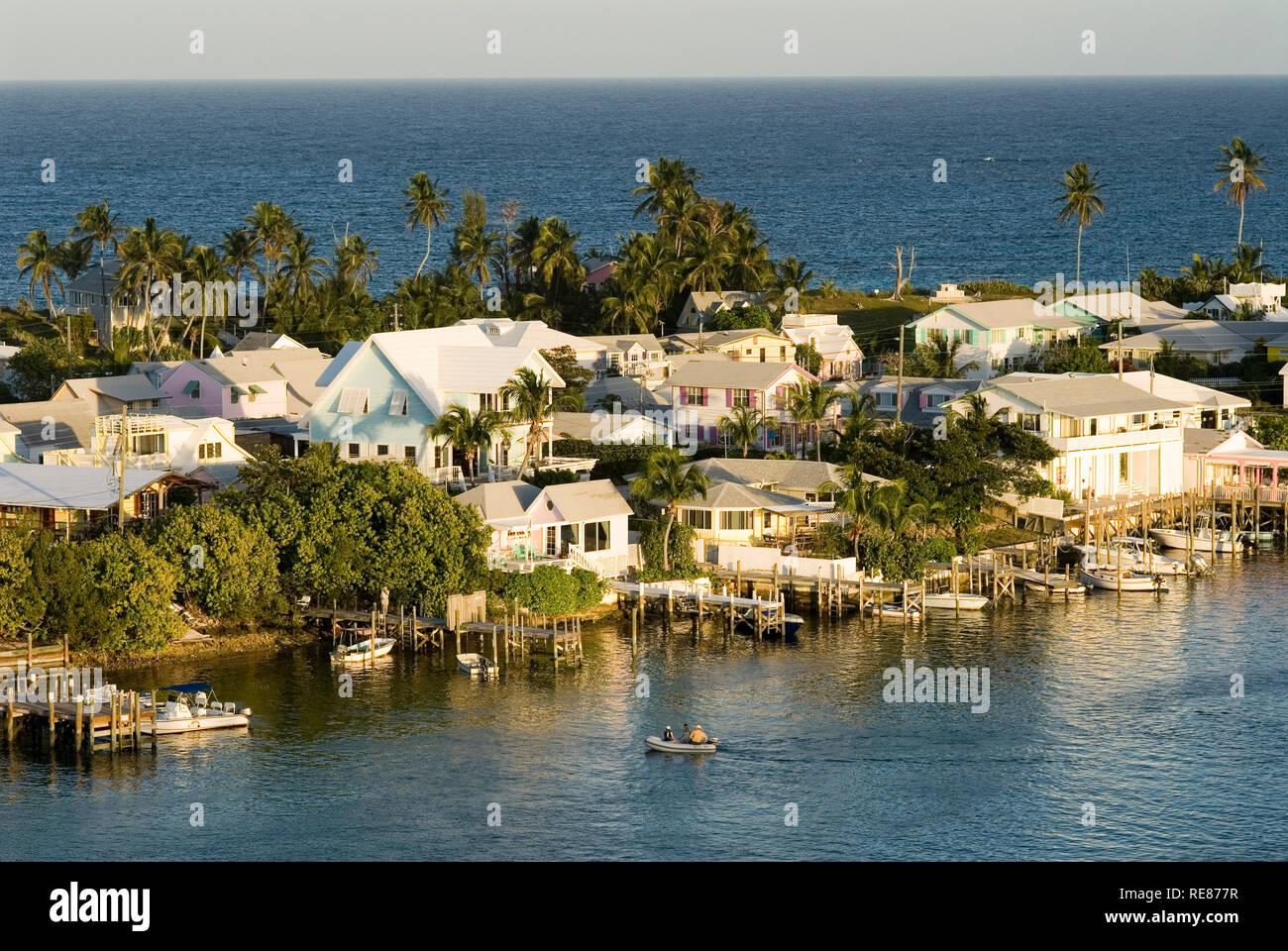 Aerial views of the Hope Town, Elbow Cay, Abacos. Bahamas. Lighthouse and harbor in the tiny village of Hope Town Stock Photo - Alamy
