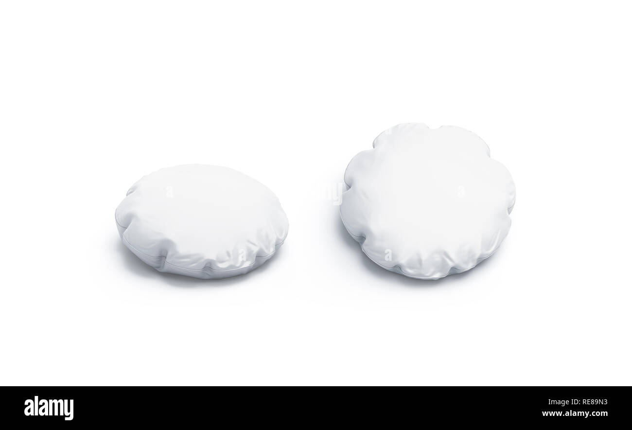 Blank white round pillow mock up set, isolated, 3d rendering. Empty circle pad for decor or relax mockup, front and side view. Clear home accessories. Stock Photo