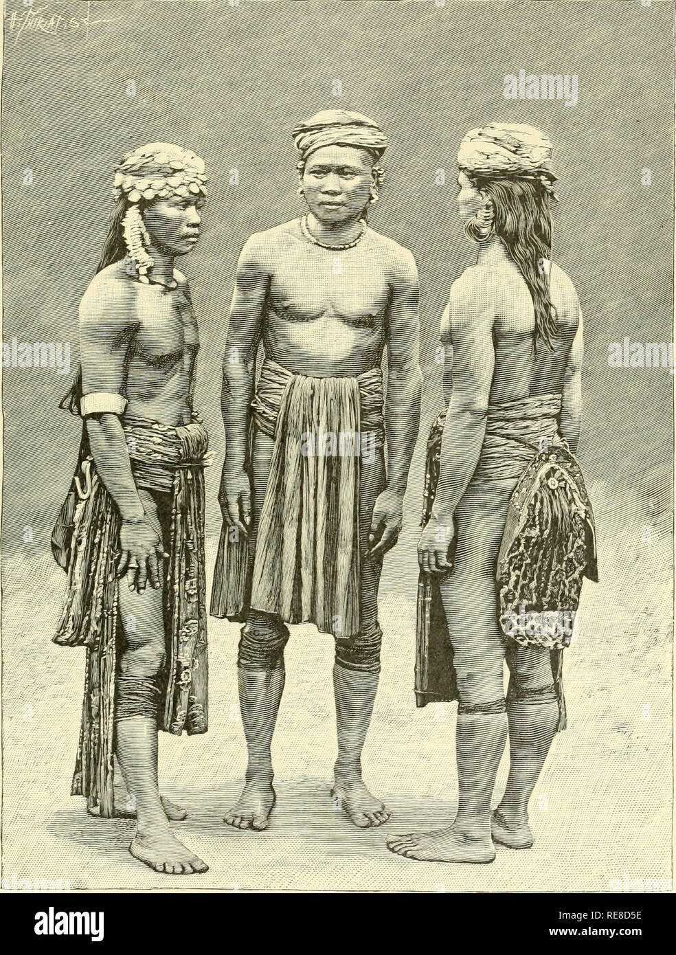 . The earth and its inhabitants ... Geography. INHABITANTS OF BOENEO. 133 through which they shoot little darts poisoned with a mixture of nicotine and other ingredients. They shun Europeans, Malays, and Chinese alike, trading with them only through intermediate agents. Their complexion is lighter than Tig. 50.—Dayak Types, Boeneo.. that of other Borneans, and the women especially, thanks to the shade of the dense forests, have clear skins of a somewhat greyish yellow colour. Their chief food is the flesh of apes, snakes, and frogs. But whether these or any other peoples of the interior are to Stock Photo