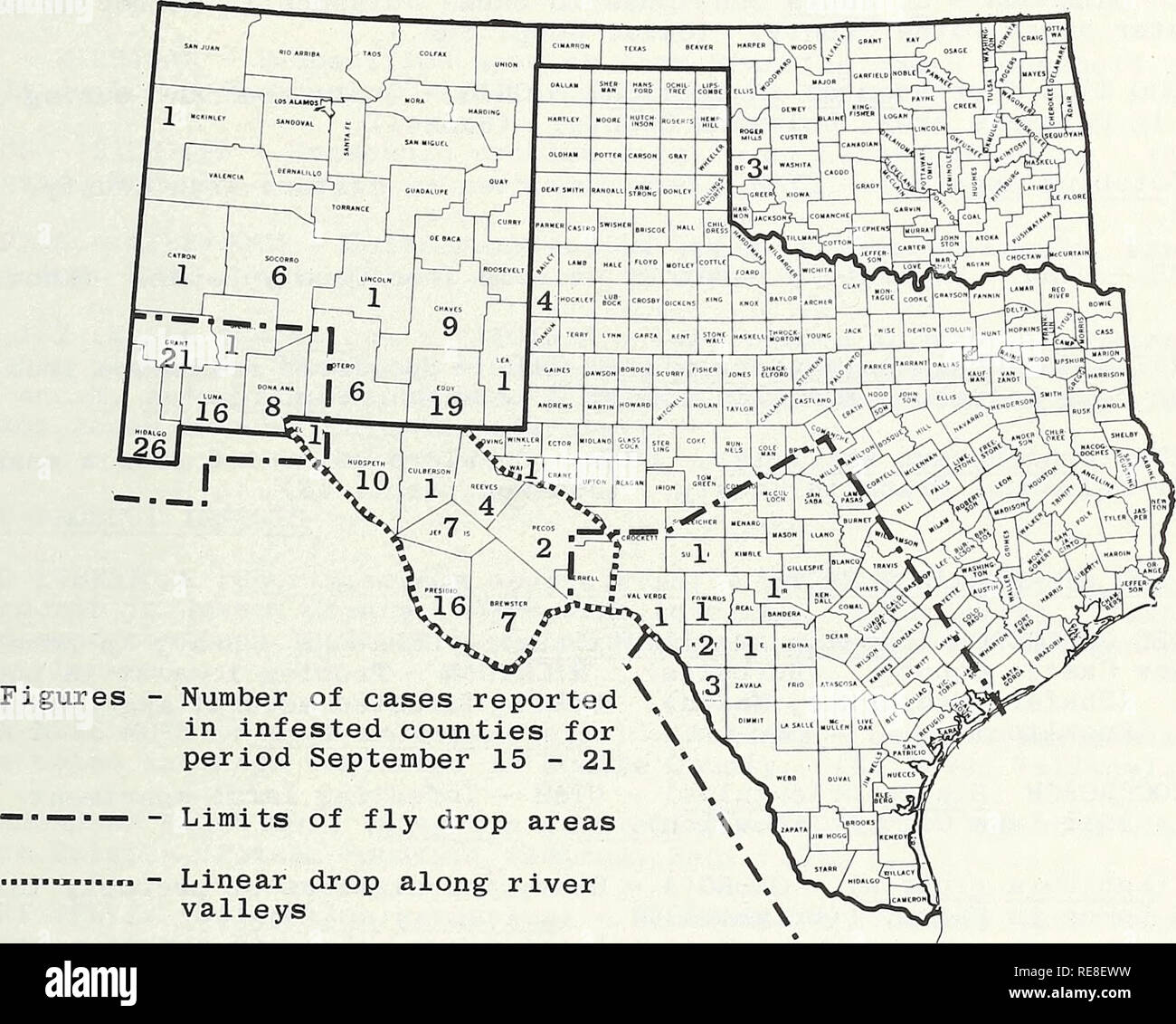 . Cooperative economic insect report. Insect pests Control United States Periodicals. - 1185 - SPIDER MITES - COLORADO - Continue a problem on shrubs and trees throughout State. (Hantsbarger)o NEW MEXICO - Eotetranychus libocedri collected on arborvitae at Albuquerque. E. weldoni collected from willow at Artesia, Eddy County; causing considerable damage to foliage. Heavy populations of Oligonychus ununguis damaged juniper during summer months at Los Lunas, Valencia County. (N. M. Coop. Rpt.). INSECTS AFFECTING MAN AND ANIMALS MOSQUITOES - UTAH - Quite troublesome in Davis County and parts of B Stock Photo