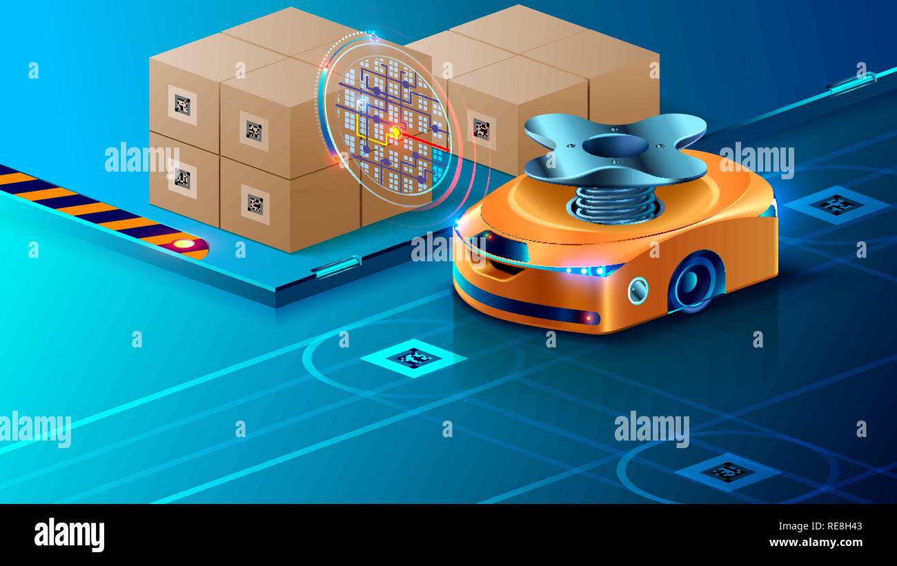 Autonomous Robot, Guided of Artificial Intelligence on Automated Warehouse. Smart Drone Distributes Parcels in the Logistics Center. Automated Complete Set on Modern Storehouse. Stock Vector