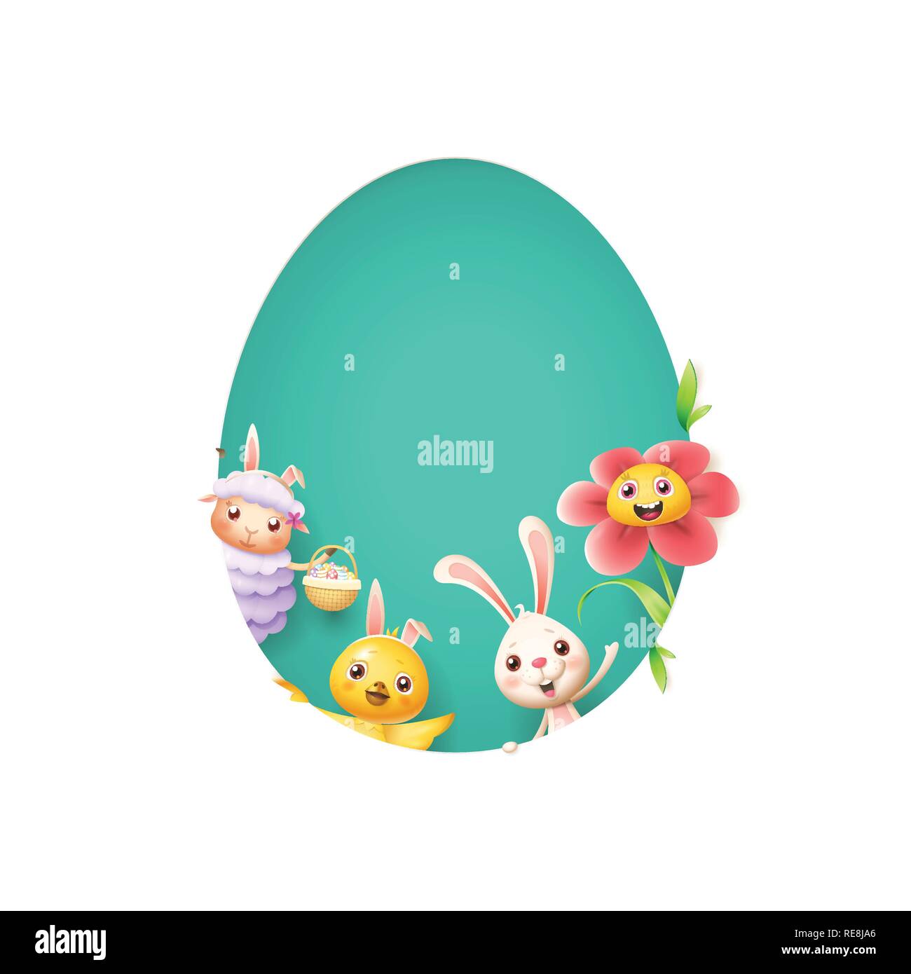 Easter friends sheep bunny chicken and flower peeking behind egg shape hole on turqouise background Stock Vector