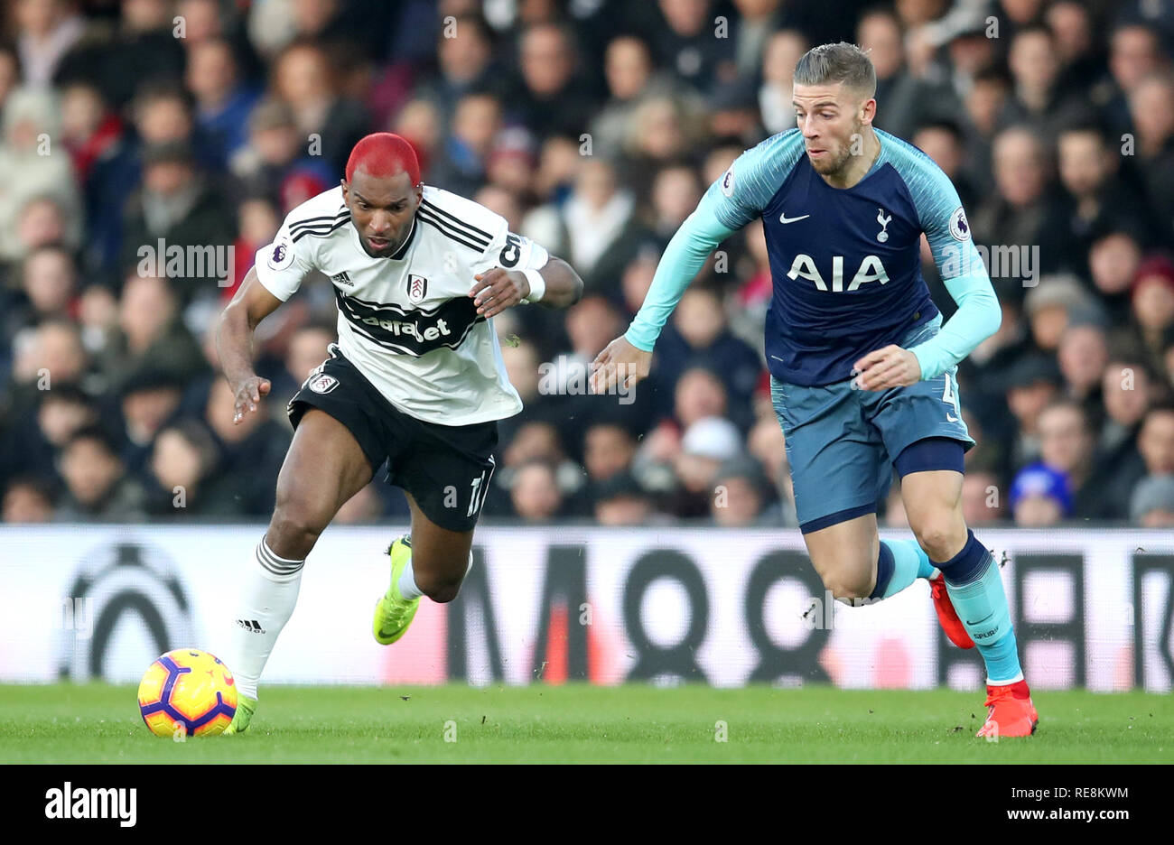 Fulham S Ryan Babel Left And Tottenham Hotspur S Toby Alderweireld Battle For The Ball During The Premier League Match At Craven Cottage London Stock Photo Alamy